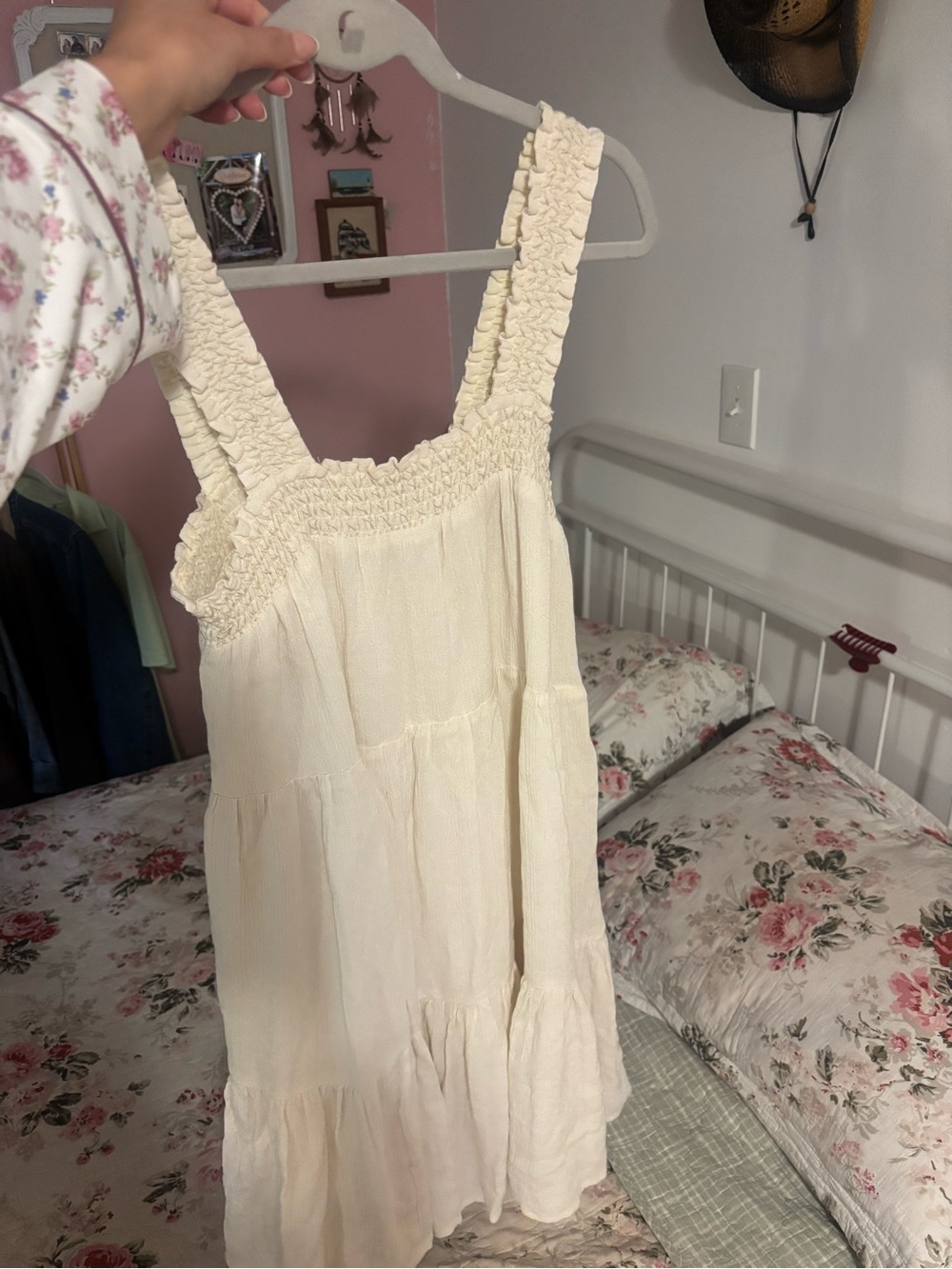 American Eagle Outfitters Cream Smocked-Strap Tank Dress